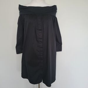 MAX MARA Black 3/4 Sleeves Off Shoulders Button Front Shirt Dress Italy Size 14